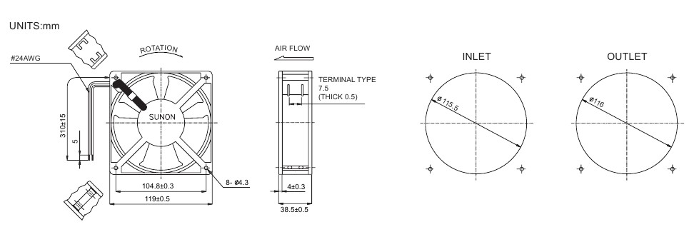 Размеры и исполнение Sunon SP102A 1123MBT 120х120х38